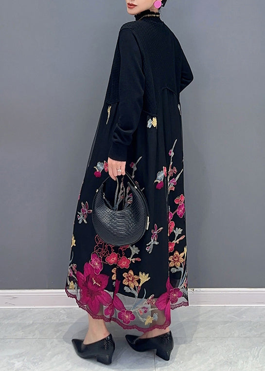 Faux Two-Piece Mock Neck Long Sleeve Floral Embroidered Mesh Scalloped Hem Maxi Dress