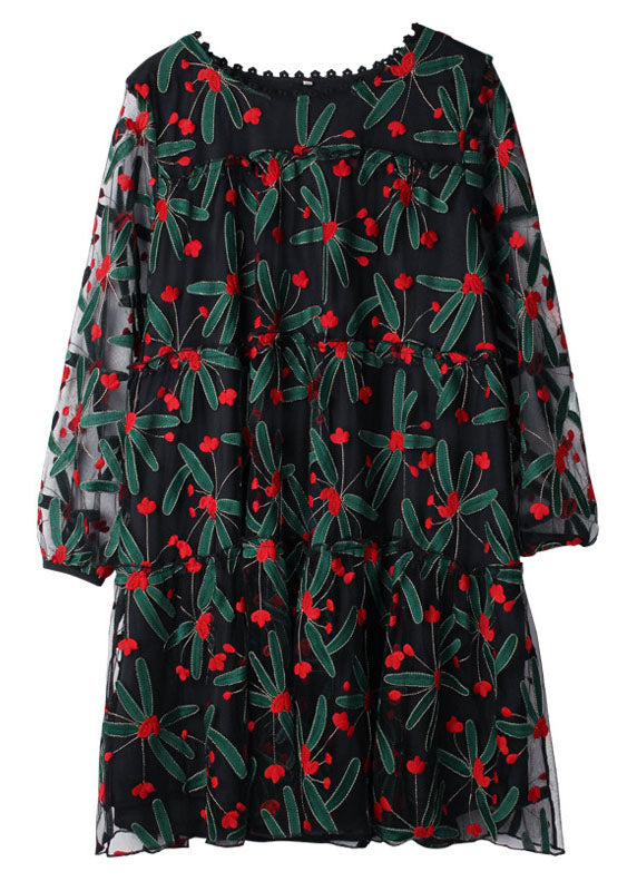 Floral Embroidered Mesh Overlay Long Sleeve Tiered Ruffle A-Line Mini Dress