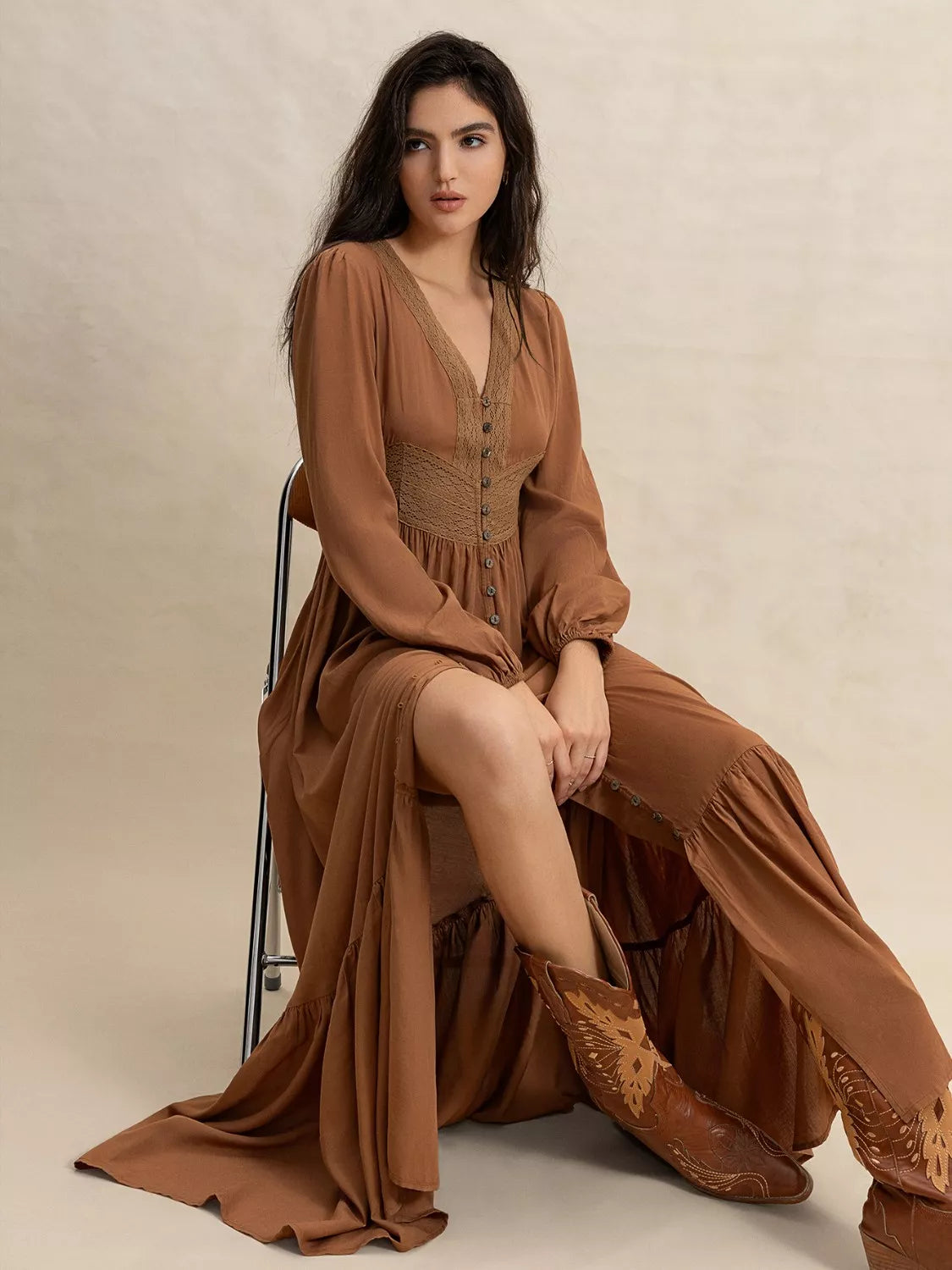 Lace Trim V-Neck Long Sleeve Button Front Tiered Maxi Dress 6