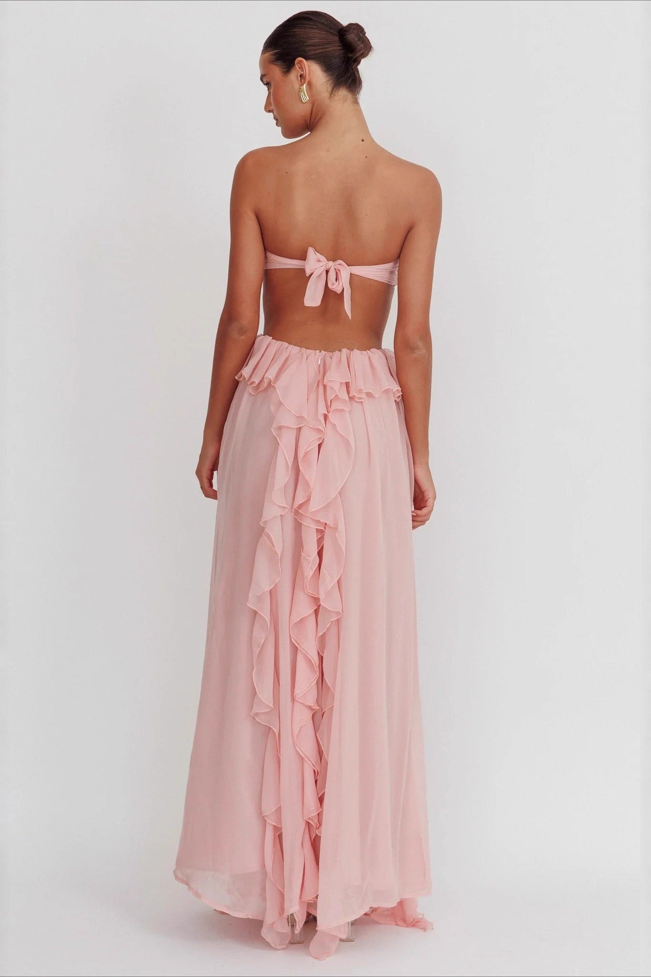 Strapless Chiffon Ruffle Rosette Cut Out High Split Maxi Dress