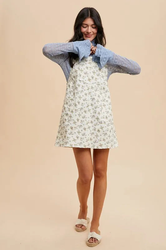 Ditsy Floral Print Denim-Look Buckle Strap Overall Mini Dress 6