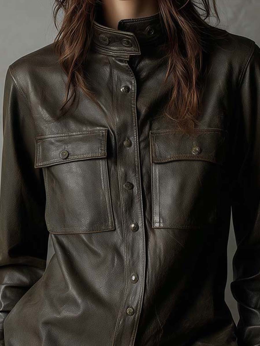 Dark Olive PU Leather Utility Shirt