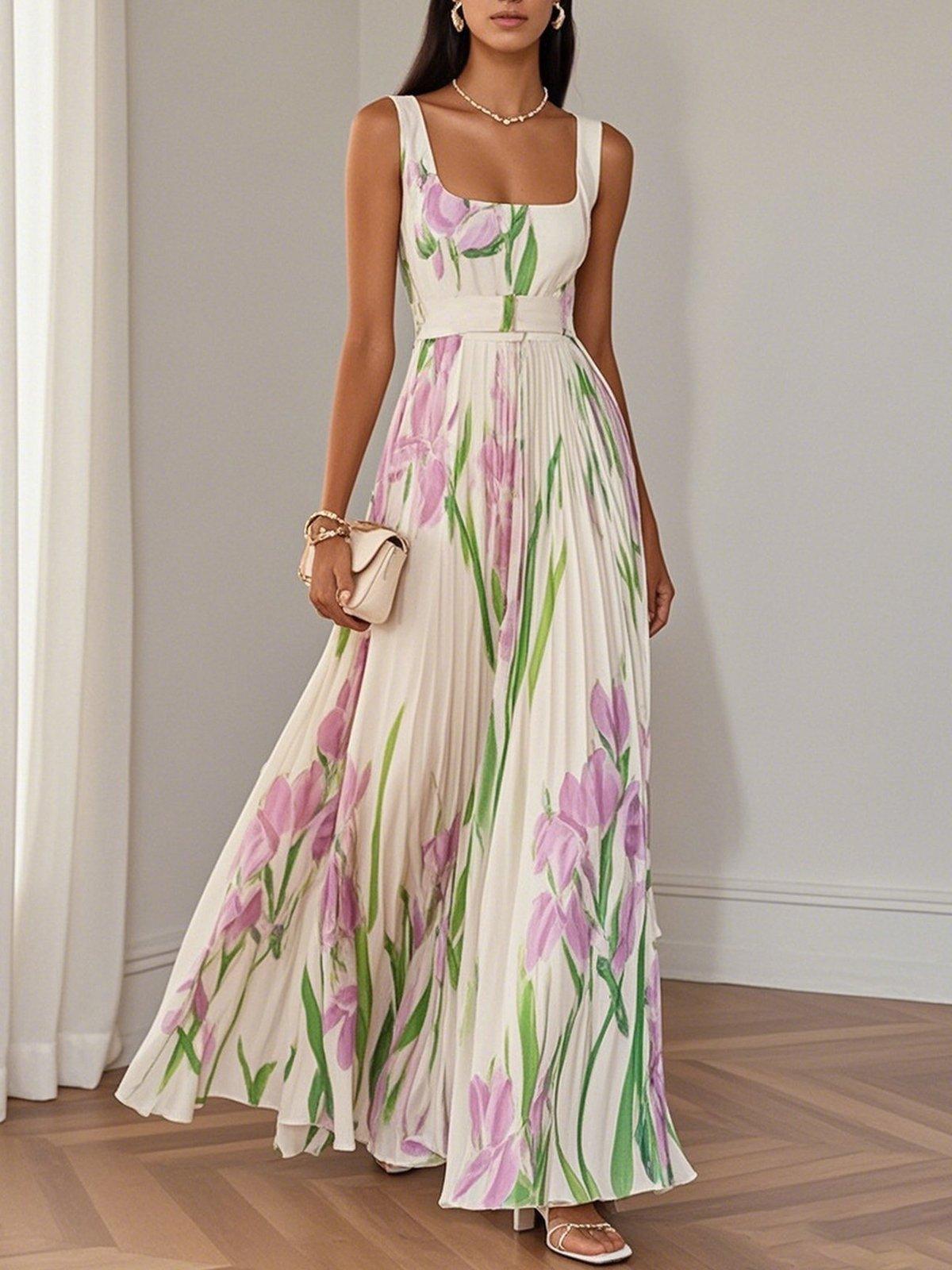 White Pleated Floral Chiffon Square Neck Sleeveless A-Line Maxi Dress White