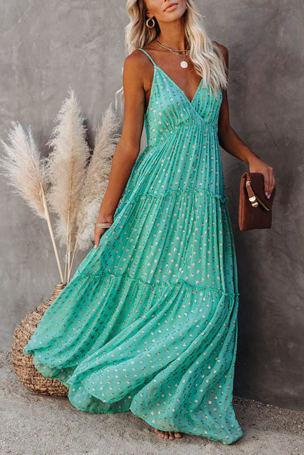 Metallic Dot V-Neck Spaghetti Strap Tiered Maxi Dress 2