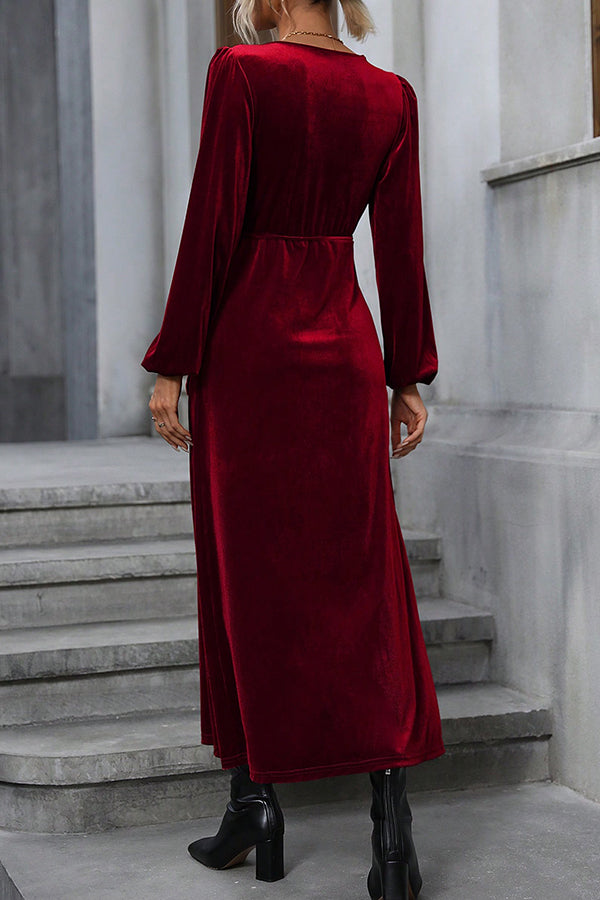 Velvet Long-sleeve V-neck Tie-waist Slit Maxi Dress - View 6