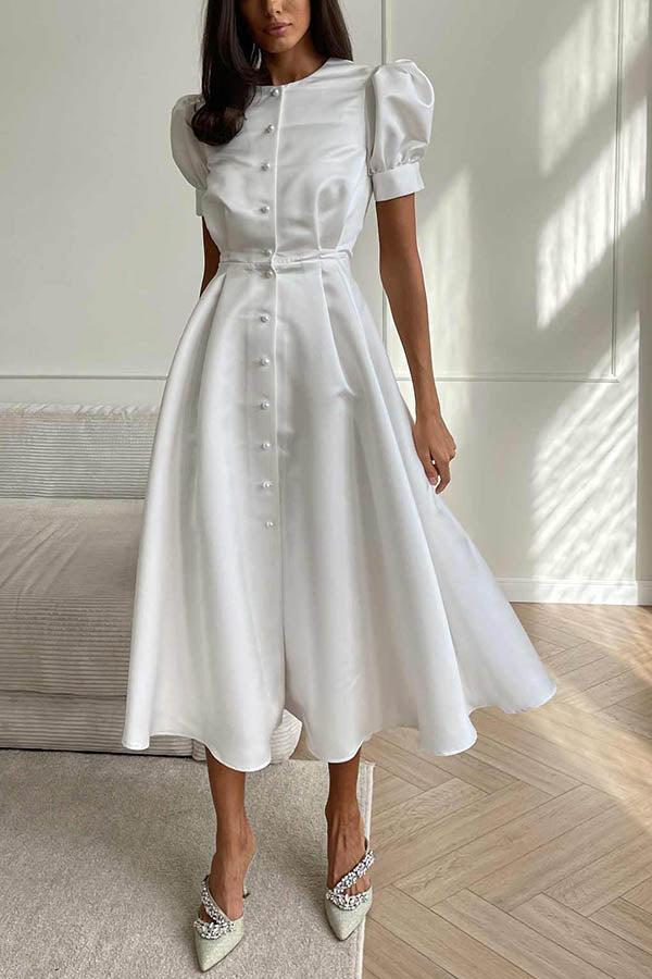 Chic and Classy Vibe Puff Sleeve Pearl Button Slit Midi Dress - View 2