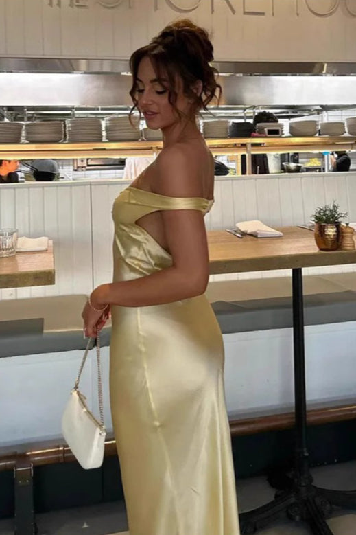 Satin Off Shoulder Ruched Bodycon Maxi Dress