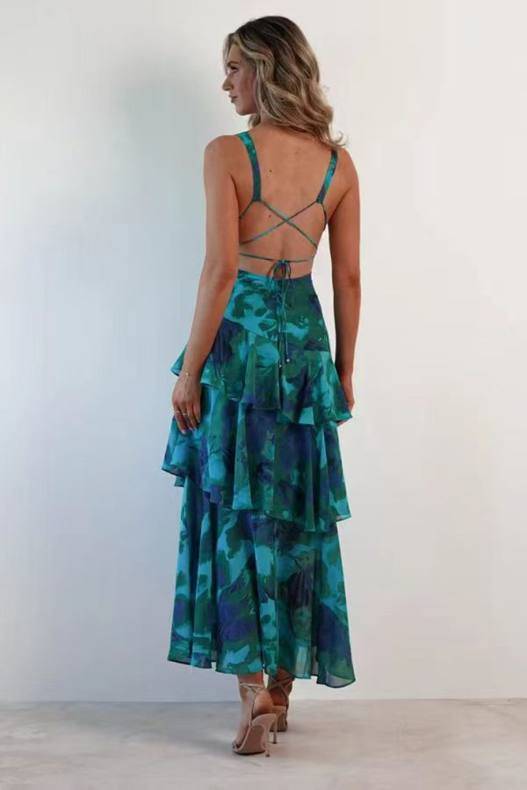 Floral Deep V-Neck Sleeveless Tiered Ruffle Chiffon Maxi Dress