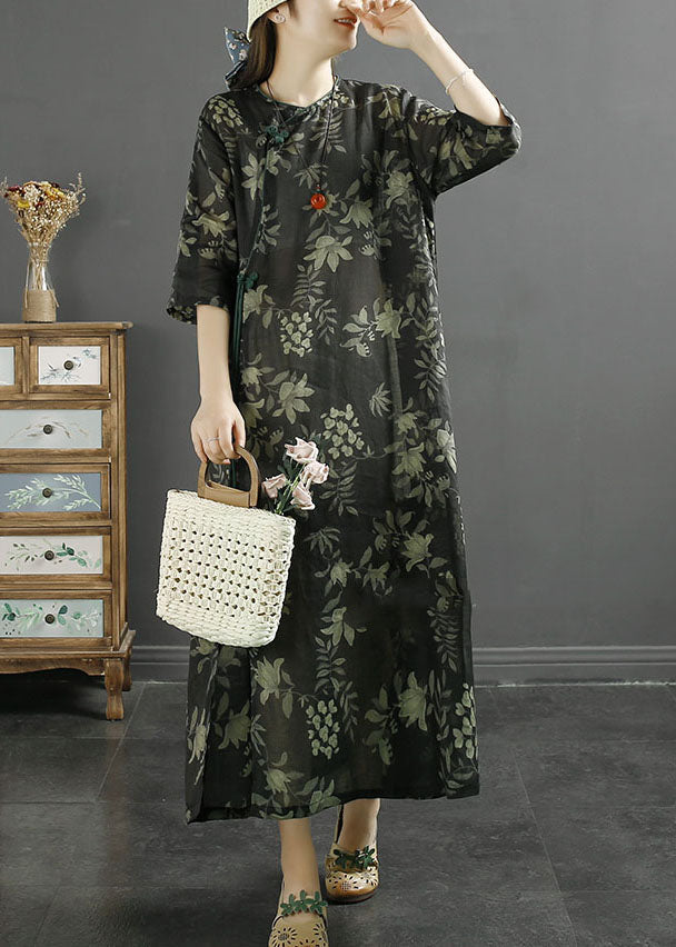 Botanical Print Frog Button Cheongsam Three Quarter Sleeve Maxi Dress