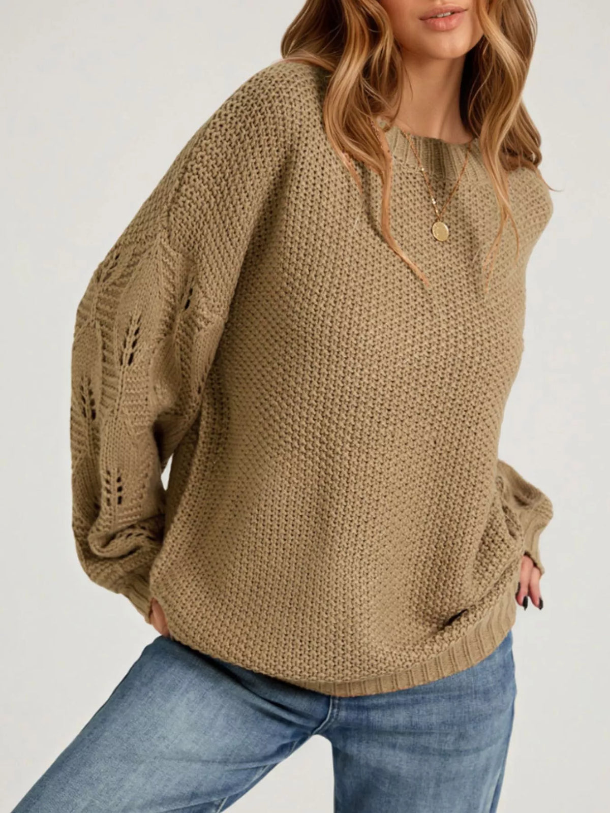 Oversized Textured Knit Openwork Lantern Sleeve Drop Shoulder Sweater 4