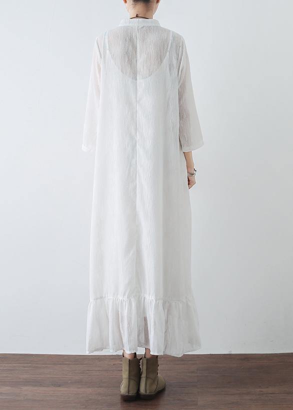 Mandarin Collar Frog Button Tiered Ruffle Gauze Maxi Dress
