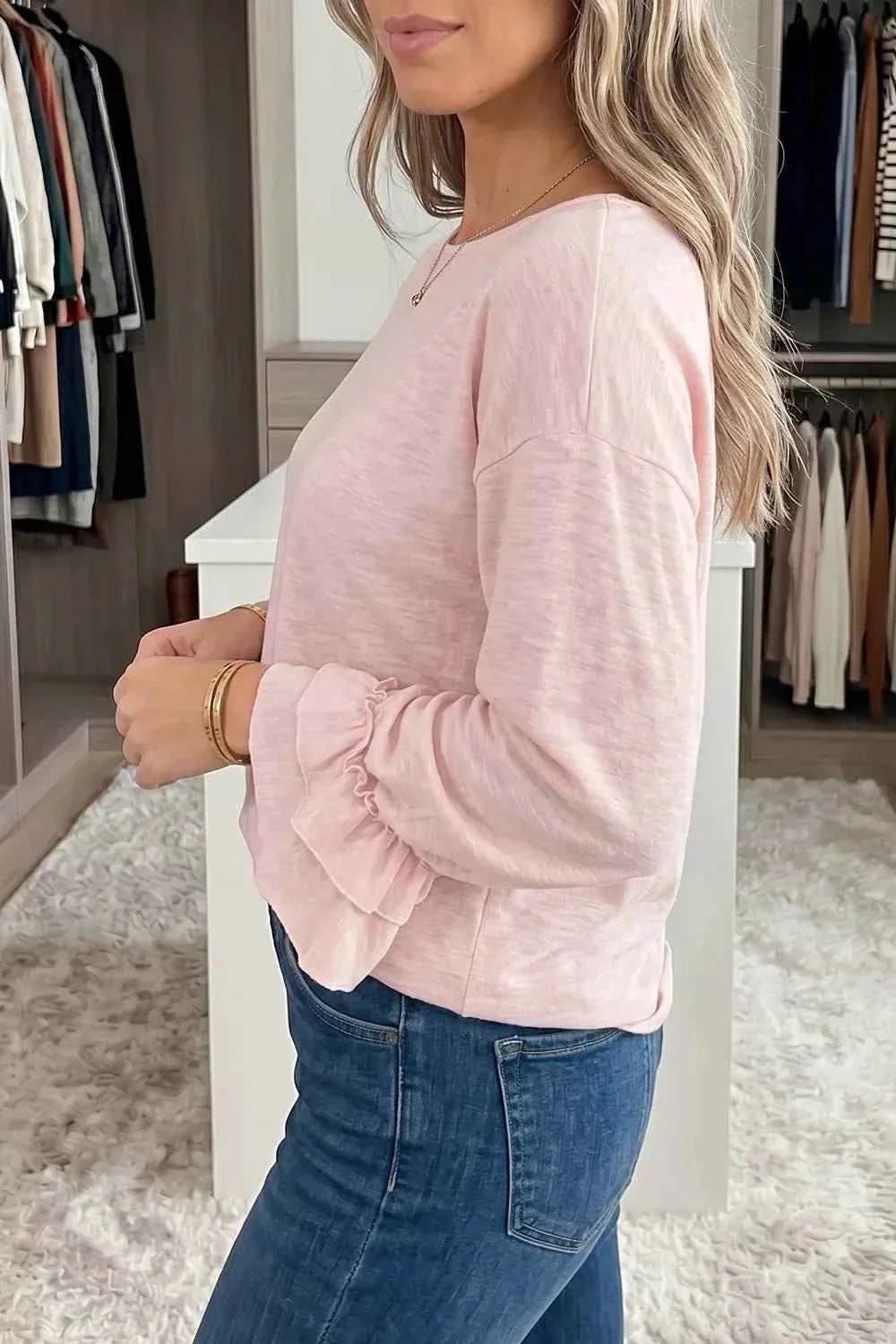Boat Neck Long Sleeve Tiered Ruffle Cuff Slub Knit Top 5