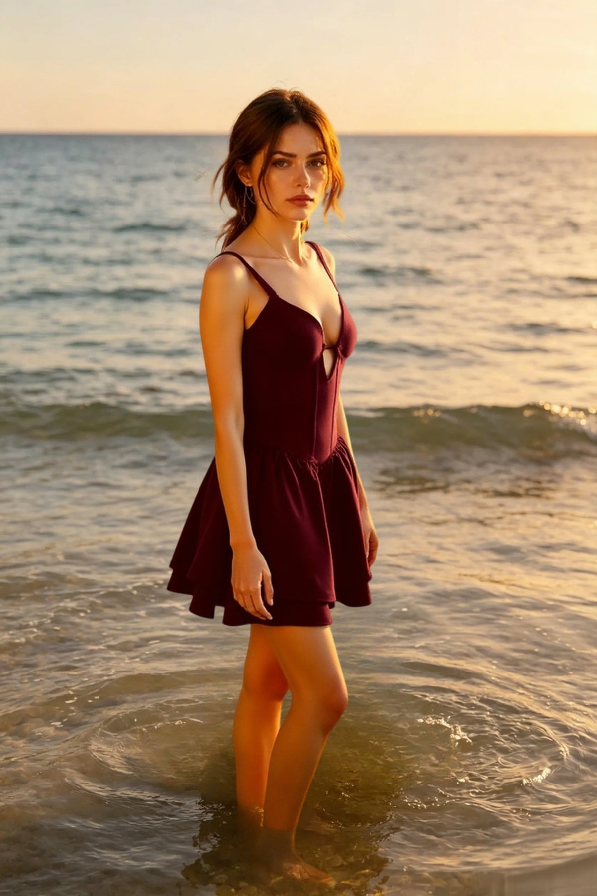 V-Neck Cut Out Spaghetti Strap Tiered Ruffle Mini Dress