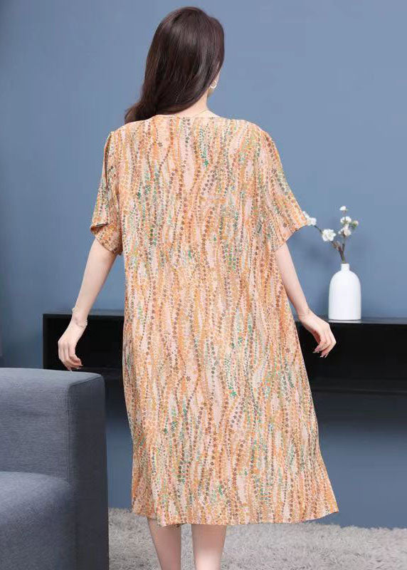 Floral Print Patchwork Round Neck Short Sleeve Chiffon Shift Midi Dress