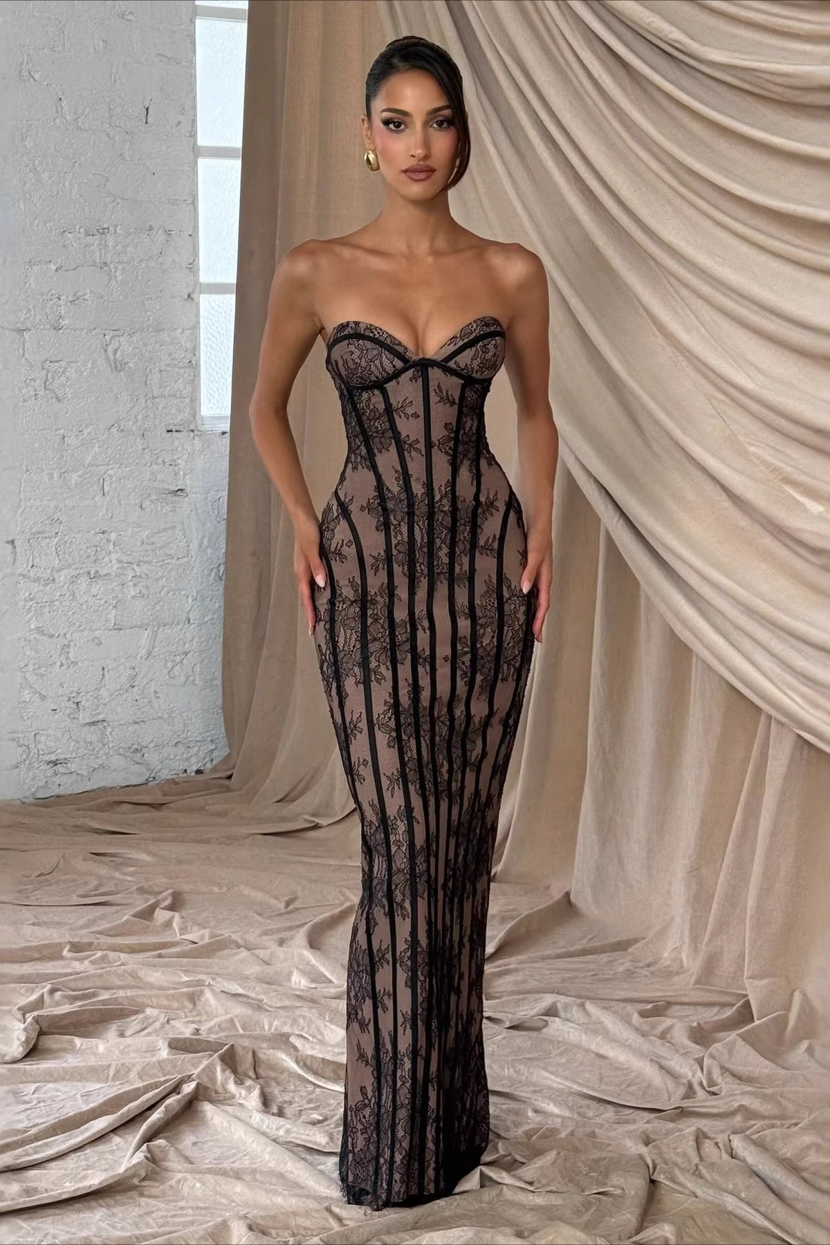 Strapless Sweetheart Sheer Lace Corset Boning Mermaid Maxi Dress 4