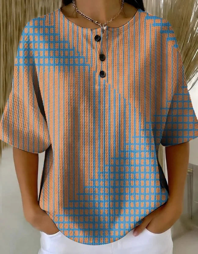 Women's Retro Multicolor Gradient Patchwork Abstraction Patterns Art Print Casual Waffle Cotton Shirt RM605