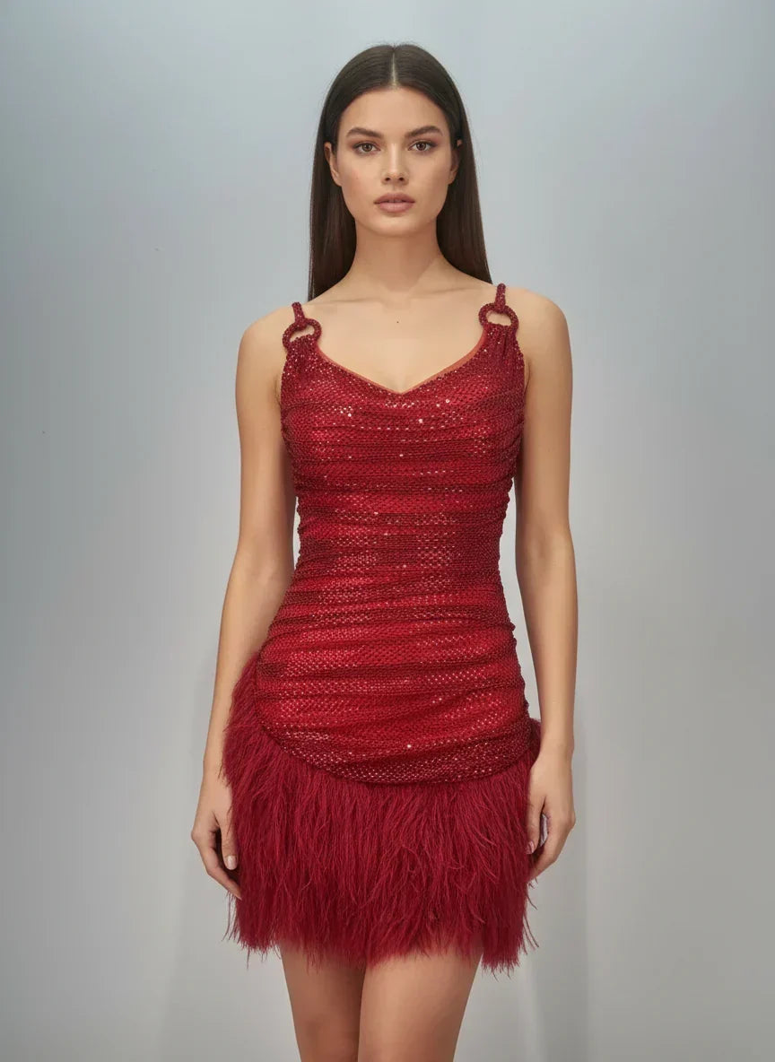 Sequin Mesh V-Neck Ring Strap Ruched Feather Hem Mini Dress
