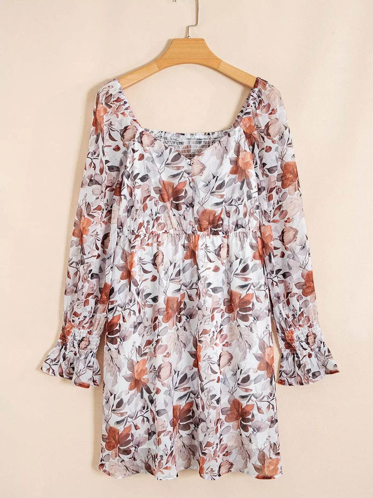 Floral Print Sweetheart Neck Balloon Sleeve Smocked Cuff Mini Dress 4