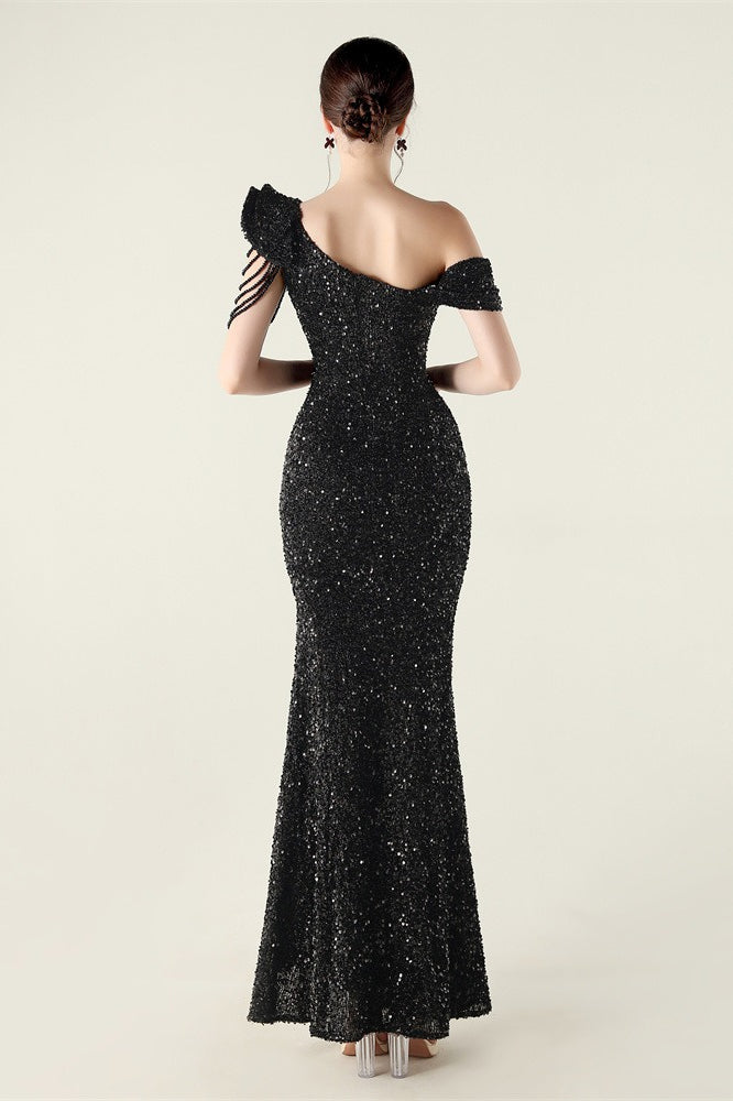 Sequin One Shoulder Ruffle High Split Mermaid Gown