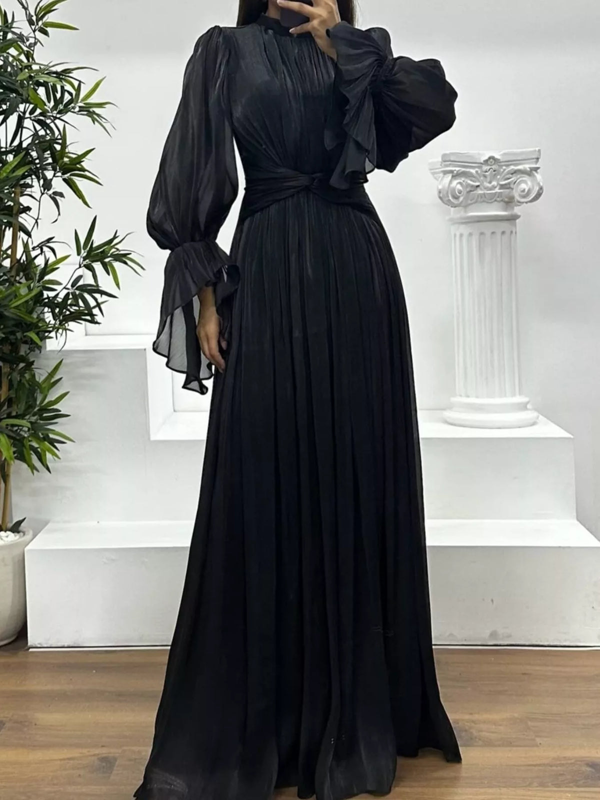 Pleated Satin Mock Neck Flared Bell Sleeve Twist Waist Maxi Gown 18