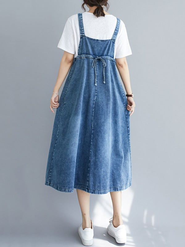 Denim Bib Strap Cargo Pocket Loose Fit Midi Overall Dress