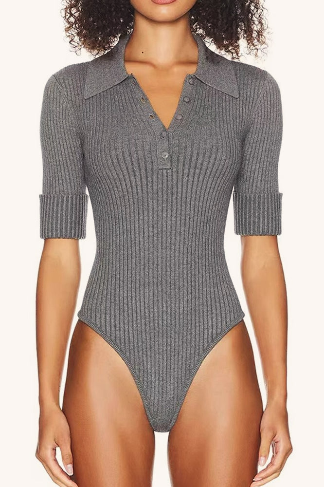 Polo Collar Button Front Cuffed Short Sleeve Ribbed Knit Bodysuit