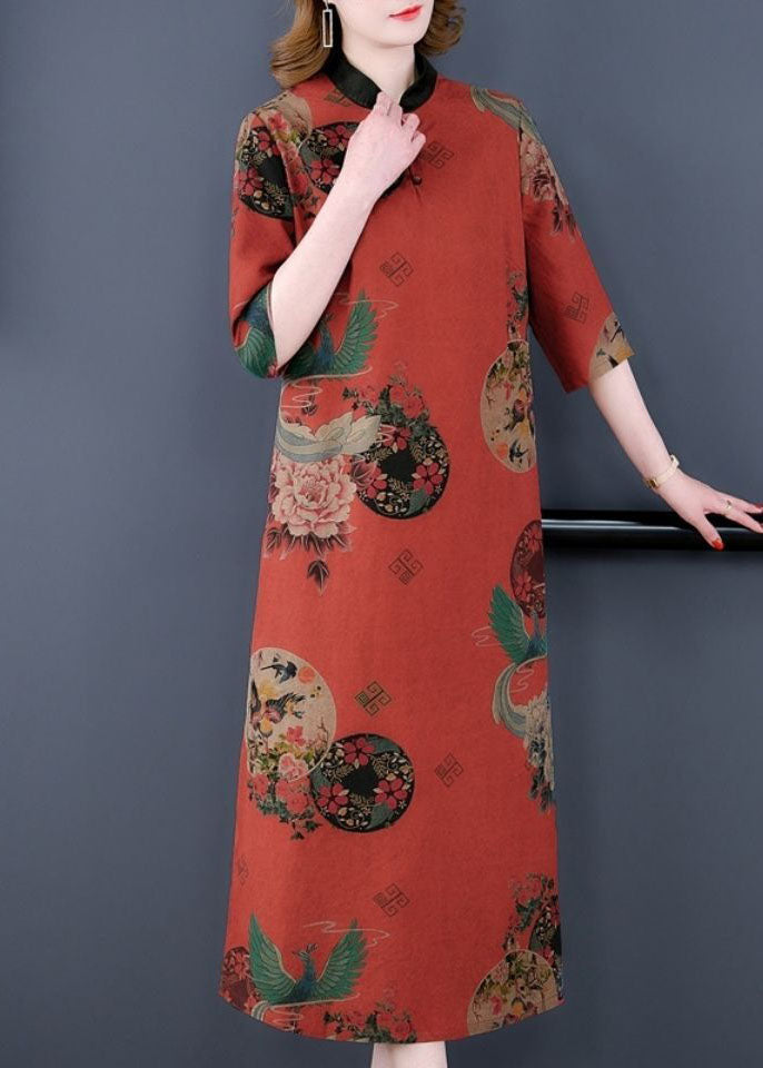 Medallion Print Mandarin Collar Frog Button Half Sleeve Relaxed Midi Dress