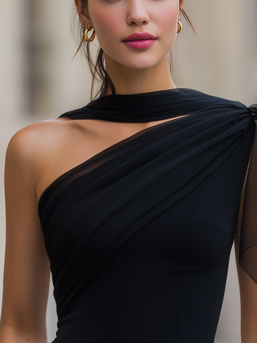 One Shoulder Mesh Drape Sleeveless Top