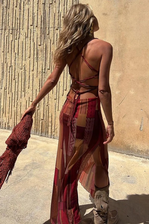 Backless Lace Up Fringe High Split Boho Maxi Dress