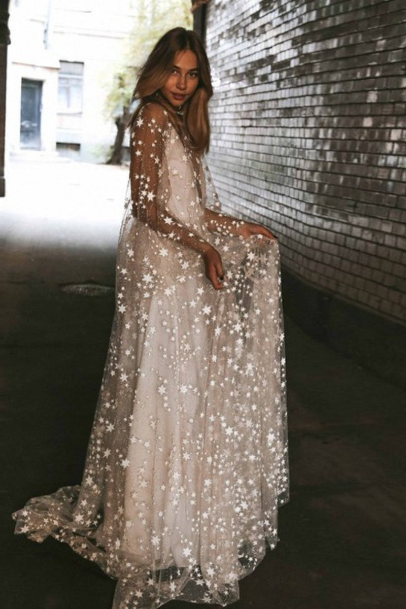 Star Sheer Deep V-Neck Long Sleeve Backless Maxi Dress - View 4