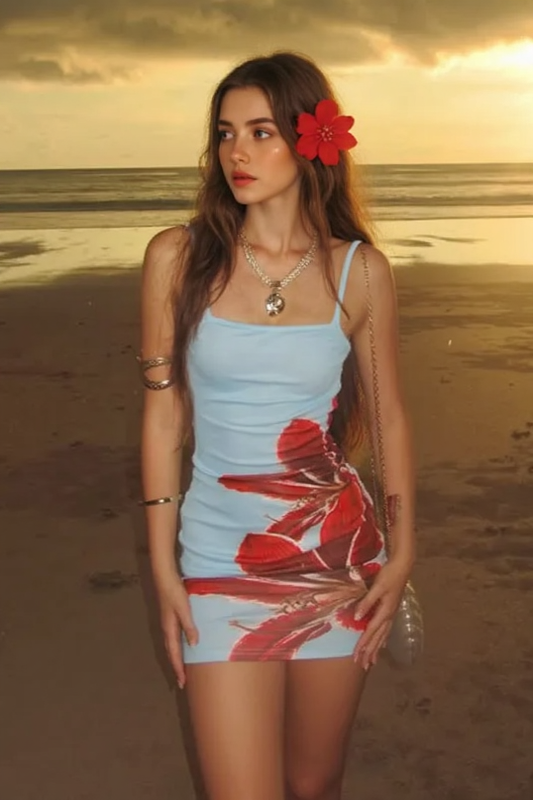 Tropical Floral Contrast Curve Hugging Slip Dress
