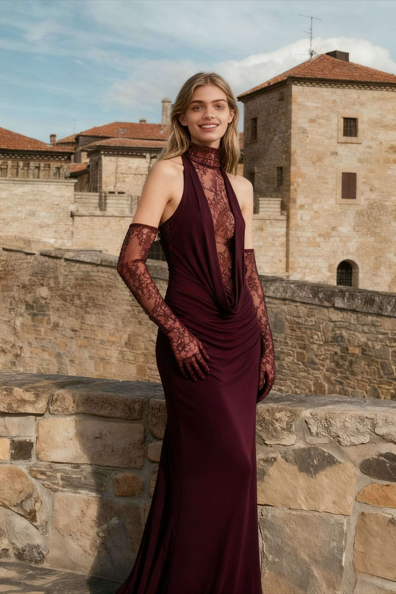 Halter Neck Lace Plunge Ruched Bodycon Maxi Dress