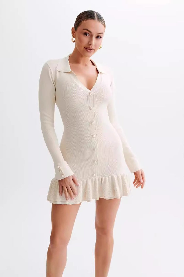 Bow Tie Ruffled Knit Pearl Midi Dress - View 4