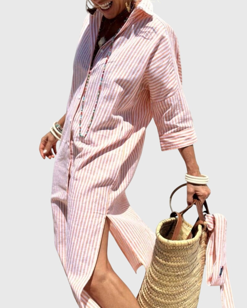 Striped Button Front Long Sleeve Side Split Shirt Dress