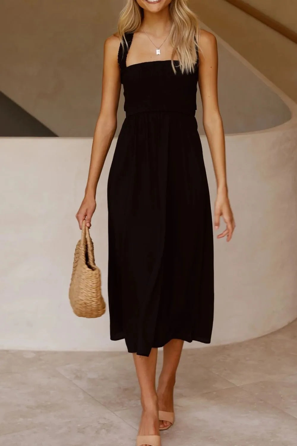 Crisscross Smocked Wide Strap Dress Black
