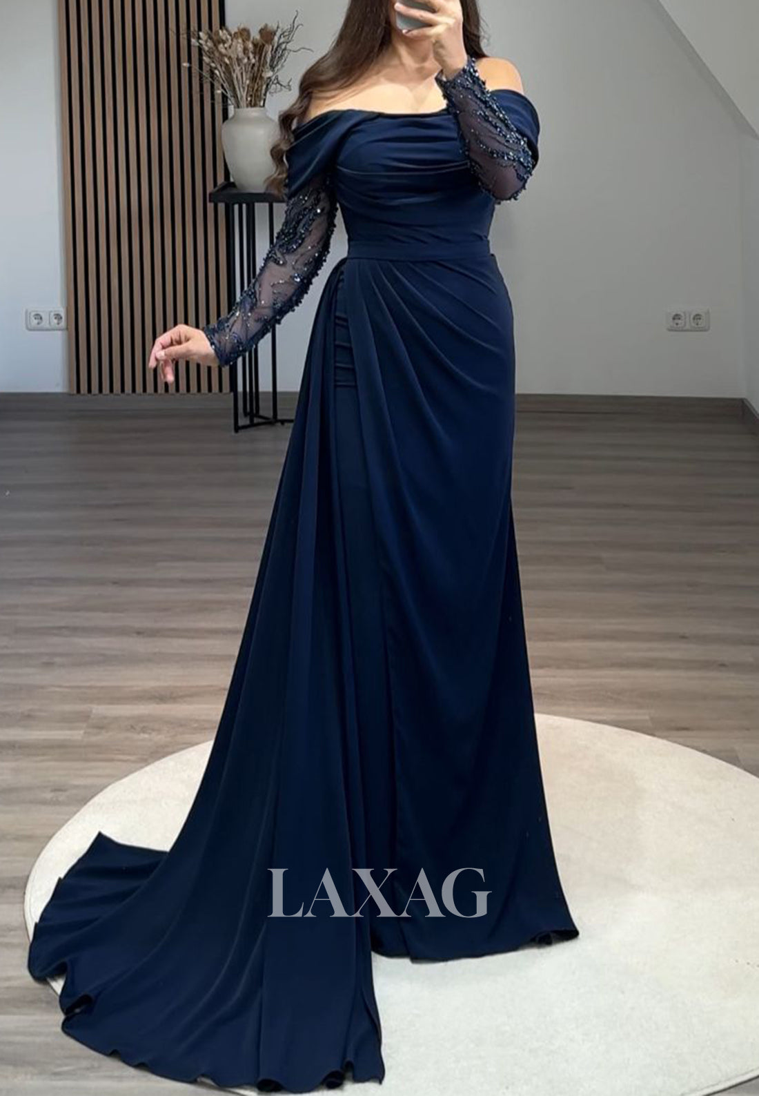 Tube Top Long Sleeves Satin Formal Gowns Off-Shoulder Beaded Pleated Mermaid Prom Dress