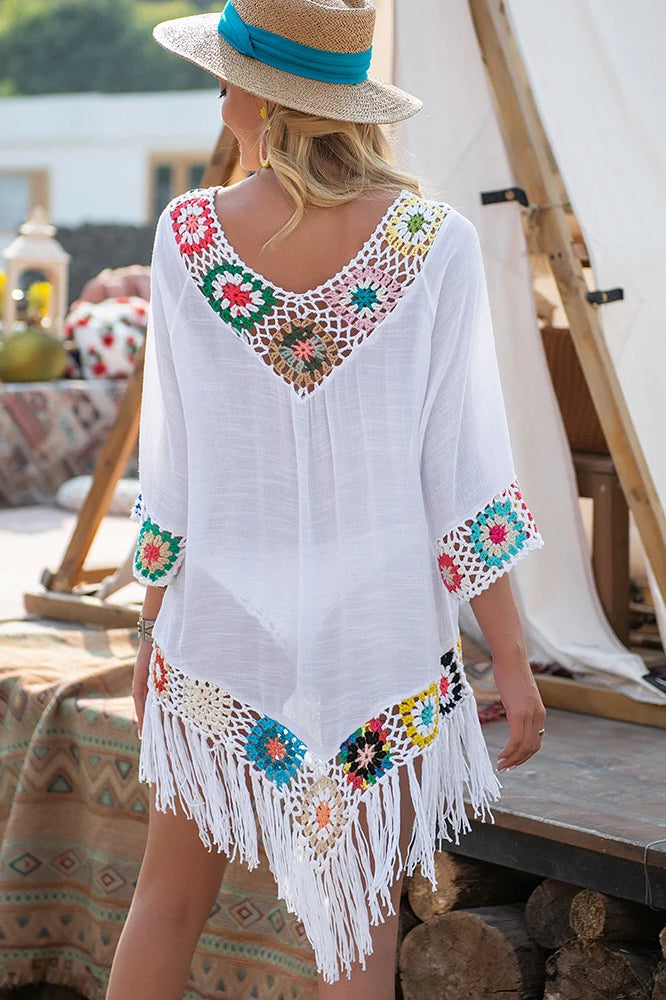V-Neck Crochet Floral Trim Fringe Hem Boho Beach Cover Up 2