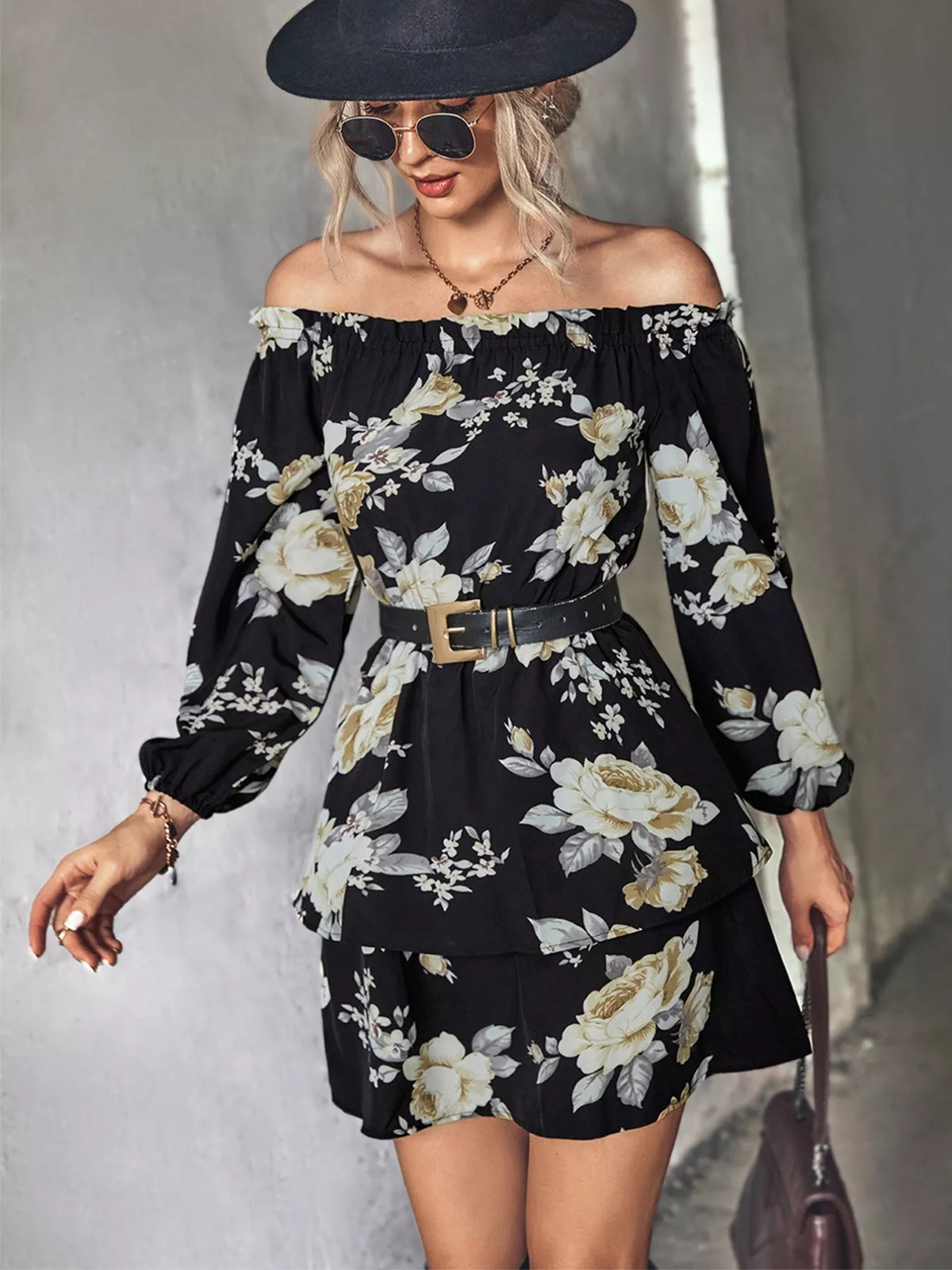 Off-Shoulder Floral Print Long Sleeve Mini Dress