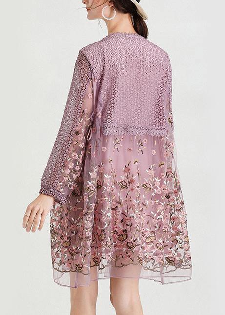 Lace Bodice Floral Embroidered Mesh Long Sleeve Empire Waist Babydoll Mini Dress