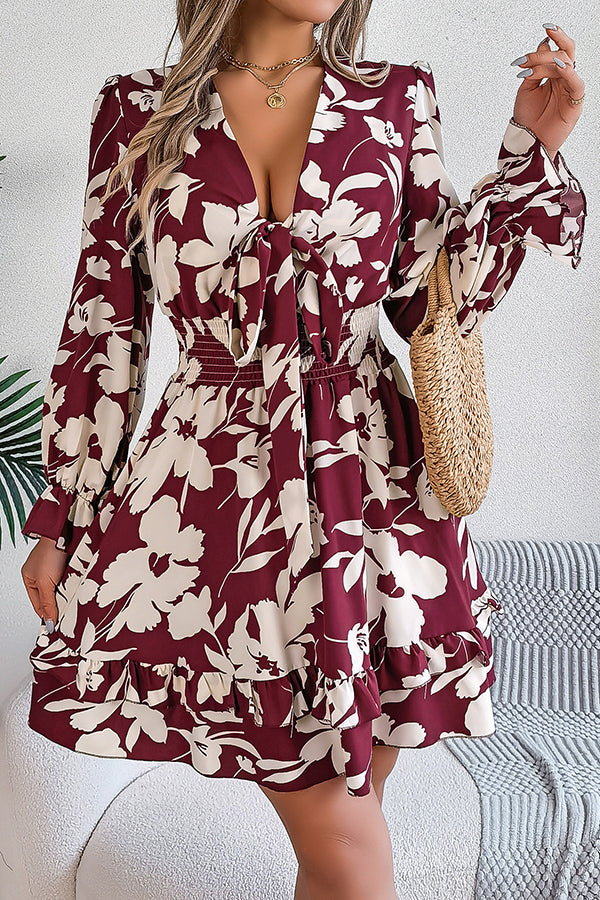 Floral Print V-Neck Tie Front Long Sleeve Ruffle Hem Mini Dress