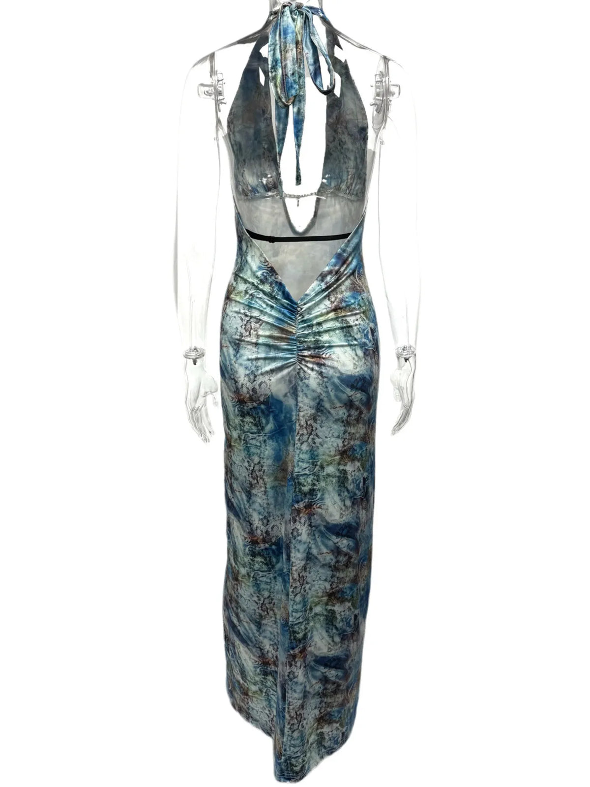 Abstract Print Halter Neck Plunge Bodycon Maxi Dress 8