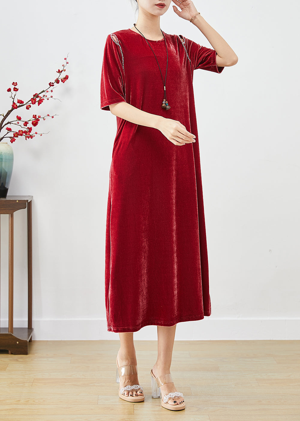 Velvet Cold Shoulder Cut Out Braided Trim Short Sleeve Midi Dress