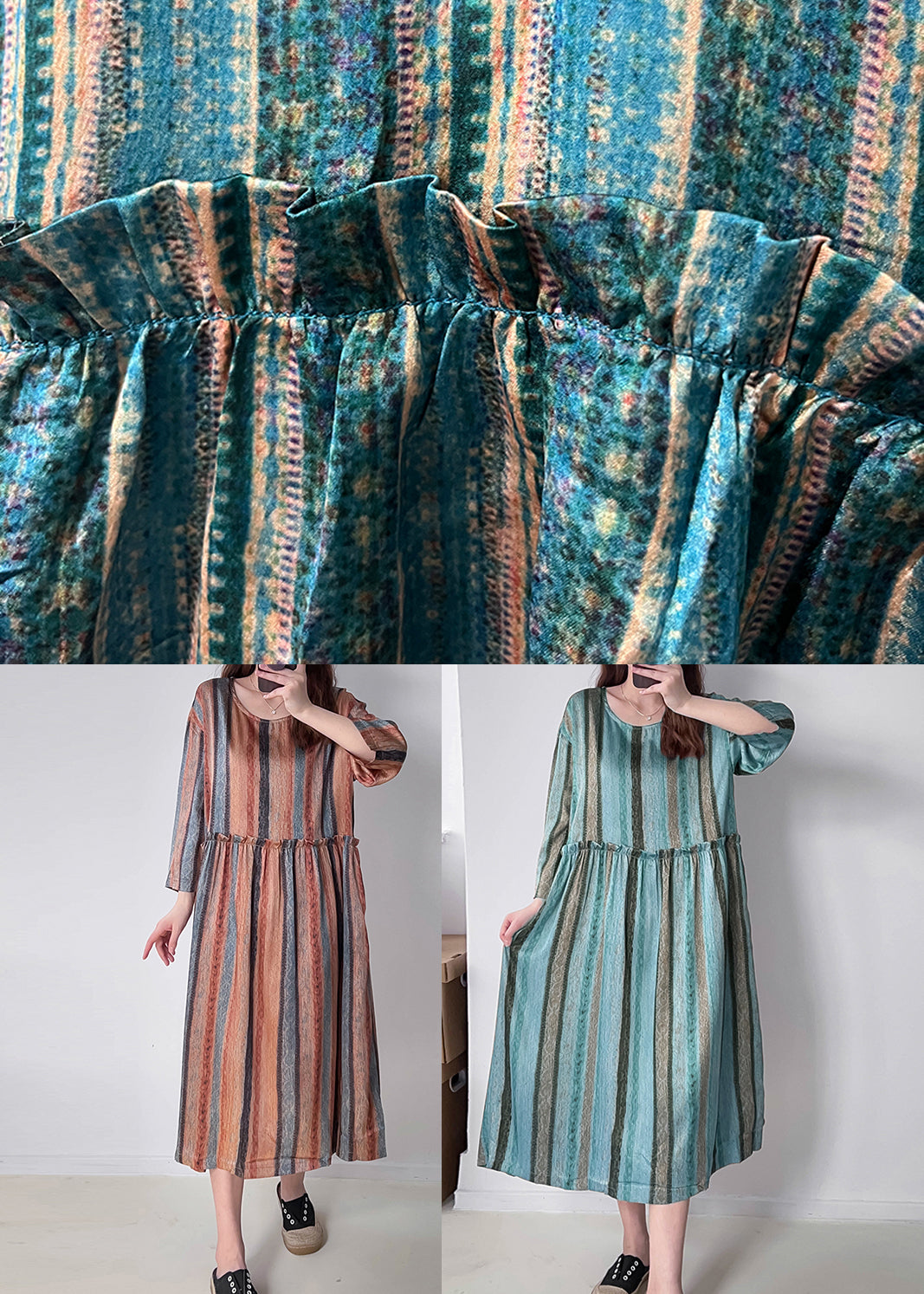 Vertical Stripe Round Neck Long Sleeve Empire Waist Oversized Midi Dress
