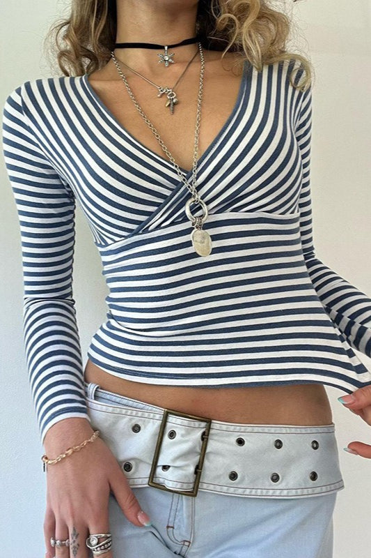 Vintage Stripe V Neck Cropped Long Sleeve Top