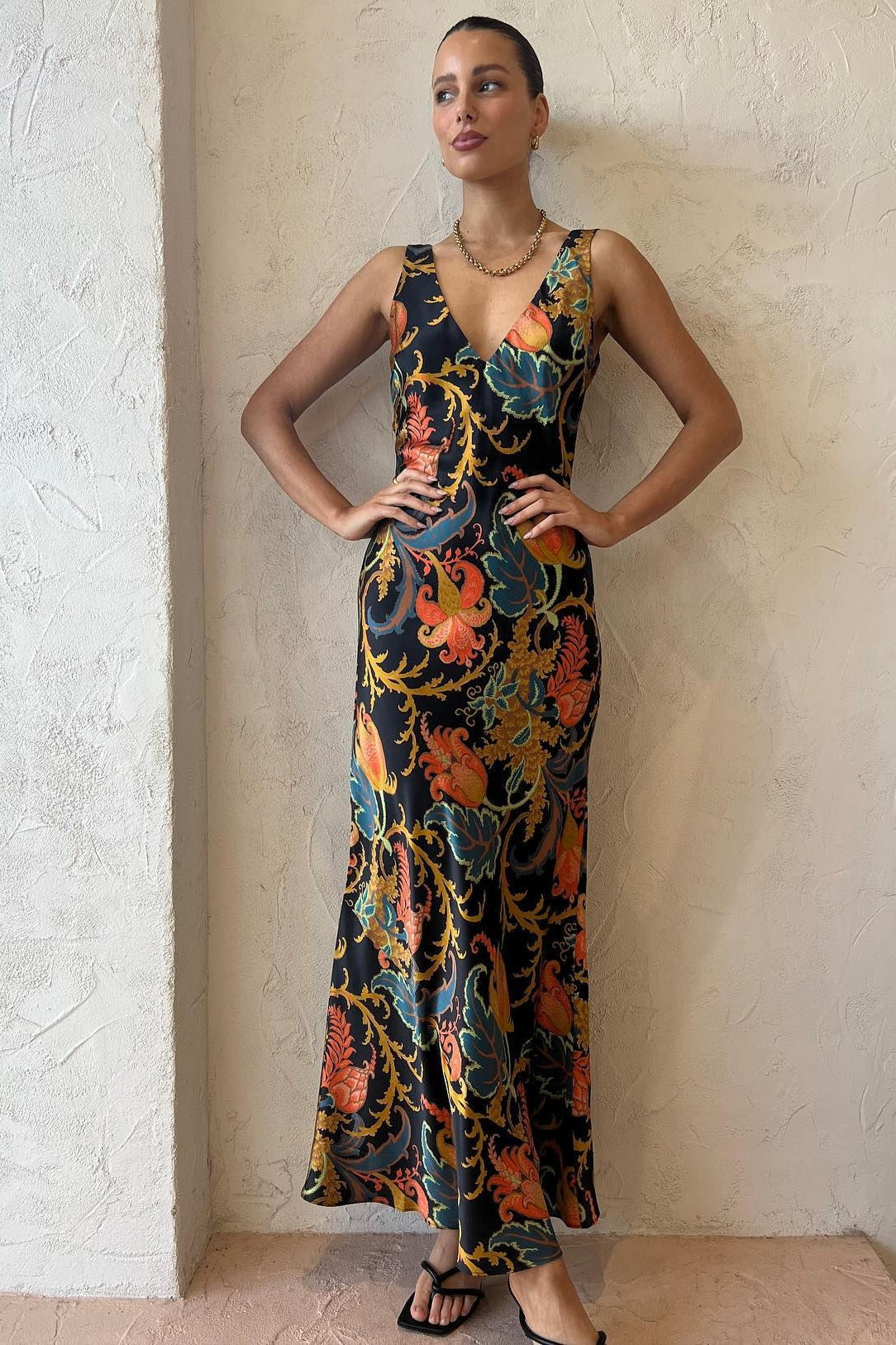 Satin Floral Print V-Neck Sleeveless Maxi Slip Dress 3