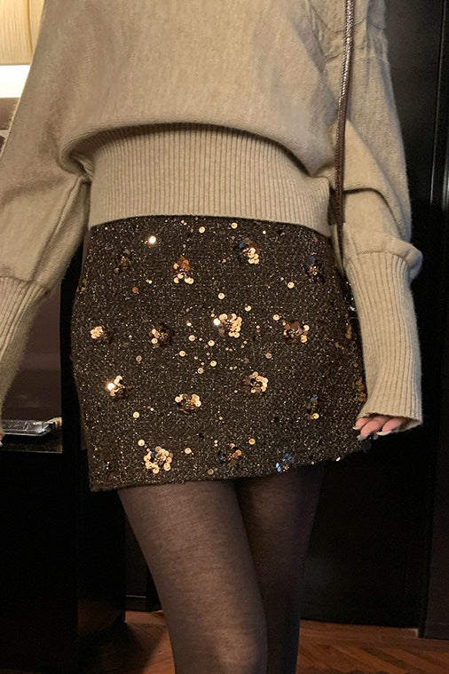 Embroidered Sequin High Waist A-Line Skirt