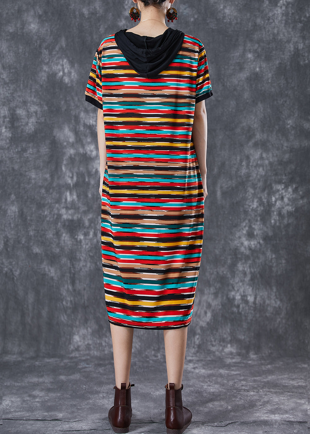Hooded Short Sleeve Brushstroke Stripe Print Shift Dress