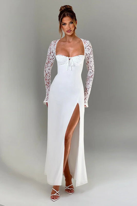 Lace Long Sleeve Sweetheart Neck Tie Front Bustier High Split Maxi Gown