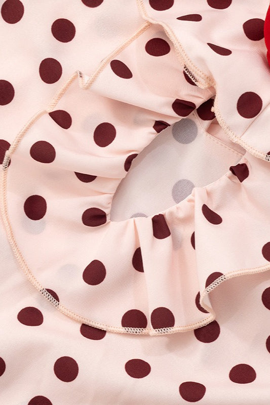 Polka Dot V-Neck Ruffle Trim Rosette Spaghetti Strap Slip Dress 5