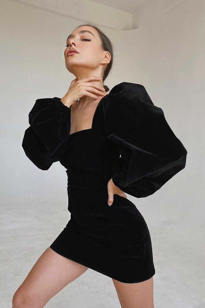 Vintage Puff Sleeve Velvet Black Mini Dress - View 2
